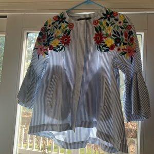 Medium Seersucker Zara Basics zipped jacket with floral embroidery and pockets